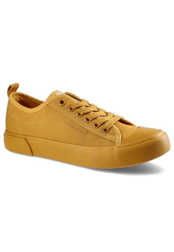 Musztardowe Trampki Cross Jeans Damskie Modne Buty. Okazja: na co dzień. Kolor: żółty. Materiał: guma, materiał. Styl: casual, klasyczny