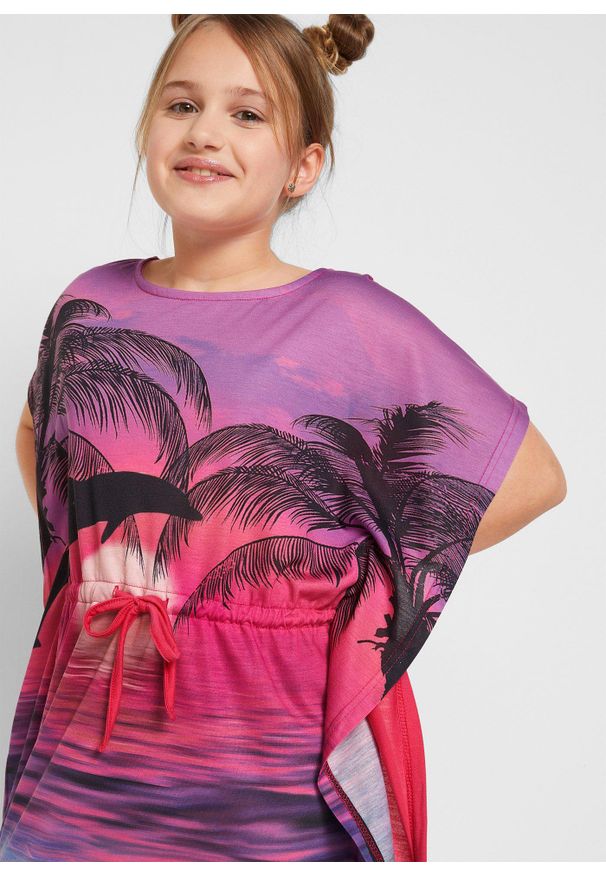 bonprix - Sukienka dziewczęca tunikowa. Okazja: na plażę. Kolor: różowy. Materiał: materiał. Wzór: nadruk, aplikacja. Styl: elegancki
