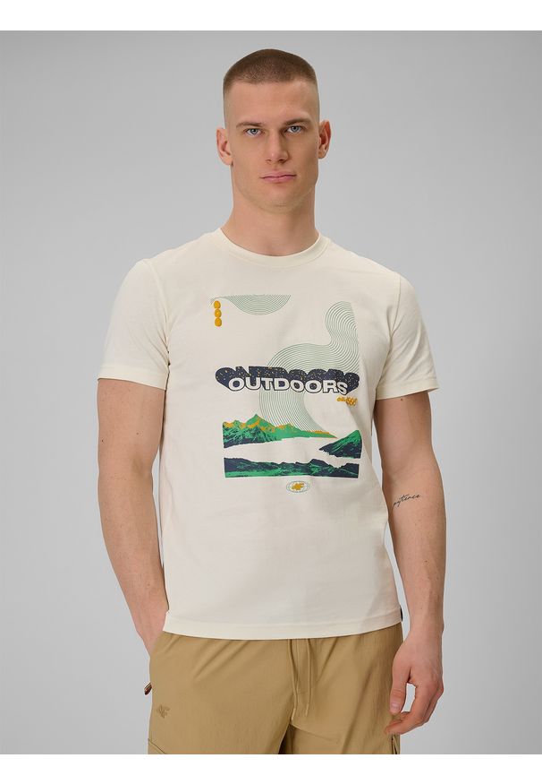 4f - 4F T-shirt regular z nadrukiem męski - biały XL. Okazja: na co dzień. Kolor: biały. Materiał: dzianina, bawełna. Długość rękawa: krótki rękaw. Długość: krótkie. Wzór: nadruk. Styl: casual