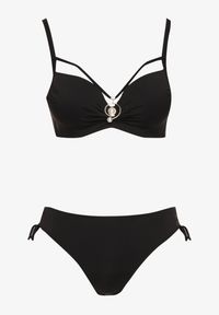 Born2be - Czarne Bikini Biustonosz z Aplikacją i Majtki Figi ze Ściągaczami Ulosella. Kolor: czarny. Wzór: aplikacja