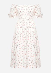 Born2be - Biało-Różowa Rozkloszowana Sukienka w Kwiaty Typu Hiszpanka z Marszczonym Dekoltem Blueria. Okazja: na co dzień. Typ kołnierza: dekolt hiszpanka. Kolor: biały. Długość rękawa: krótki rękaw. Wzór: kwiaty. Sezon: lato. Styl: casual, elegancki #5