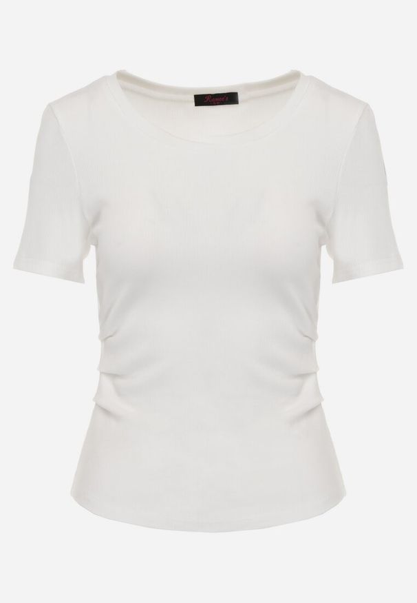 Renee - Biały T-shirt w Prążki z Marszczeniami po Bokach Nedala. Okazja: na co dzień. Kolor: biały. Wzór: prążki. Styl: casual, elegancki