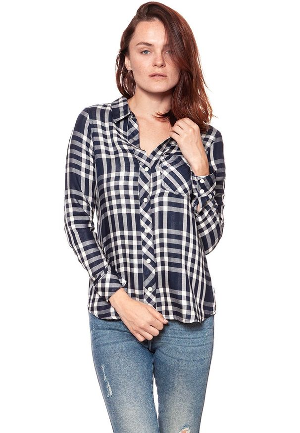 Wrangler - KOSZULA WRANGLER FLUID SHIRT NAVY W5239SL35 112129345. Kolor: czarny. Wzór: kratka