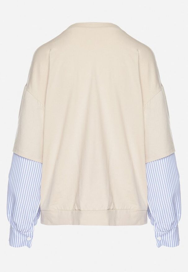 Born2be - Beżowa Bluzka z Bawełny z Koszulowymi Rękawami w Paski Firselia. Okazja: na co dzień. Kolor: beżowy. Materiał: bawełna. Długość: długie. Wzór: paski. Styl: casual, elegancki