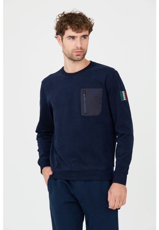 Aeronautica Militare - AERONAUTICA MILITARE Granatowy męski bawełniany longsleeve. Kolor: niebieski. Materiał: bawełna. Długość rękawa: długi rękaw