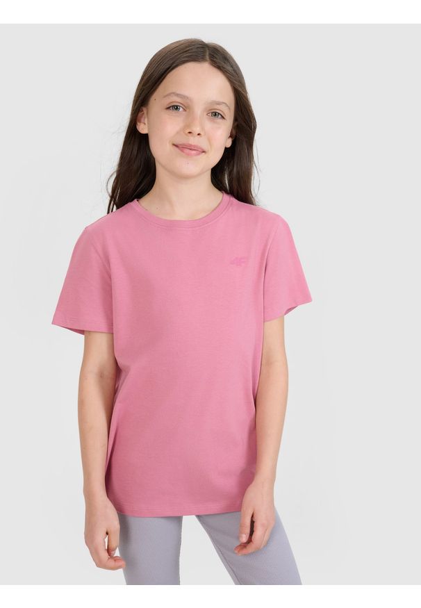 4f - 4F T-shirt regular gładki dziewczęcy - różowy 146 (10-11 lat). Okazja: na co dzień. Kolor: różowy. Materiał: dzianina, bawełna, jersey. Długość rękawa: krótki rękaw. Długość: krótkie. Wzór: gładki. Sezon: lato. Styl: klasyczny, sportowy, casual