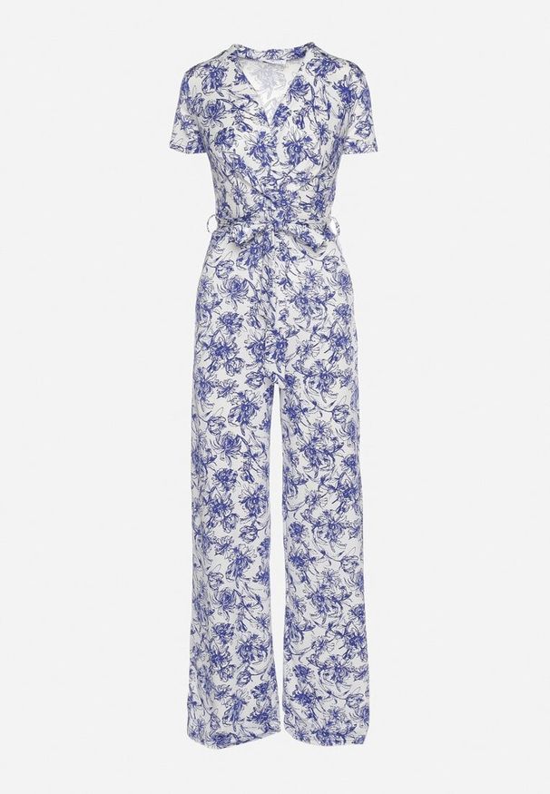 Born2be - Biało-Niebieski Kombinezon w Kwiaty z Krótkim Rękawem i Dekoltem w Serek z Długimi Nogawkami Nestaanne. Okazja: na co dzień. Kolor: biały. Materiał: jeans. Długość rękawa: krótki rękaw. Długość: krótkie. Wzór: kwiaty. Styl: elegancki, casual, wizytowy