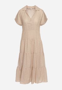 Born2be - Beżowa Bawełniana Sukienka o Ażurowym Wykończeniu z Krótkim Rękawem Zapinana na Guziki Kataria. Okazja: na co dzień. Typ kołnierza: dekolt w serek. Kolor: beżowy. Materiał: bawełna. Długość rękawa: krótki rękaw. Wzór: ażurowy. Typ sukienki: proste. Styl: casual, klasyczny #6