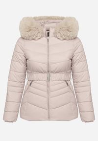 Born2be - Jasnoszara Pikowana Kurtka Zimowa z Paskiem i Kapturem z Futrem z Możliwością Odpięcia Toriella. Okazja: na co dzień. Kolekcja: plus size. Kolor: szary. Długość: długie. Wzór: aplikacja. Materiał: futro. Długość rękawa: długi rękaw. Sezon: zima. Styl: wizytowy, elegancki, casual