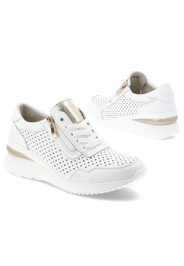 Sneakersy damskie Vinceza, ze skóry naturalnej licowej ażurowa cholewka zamek i sznurowanie lekka podeszwa, białe, 95402. Okazja: na co dzień. Zapięcie: sznurówki. Kolor: biały. Materiał: skóra. Szerokość cholewki: normalna. Wzór: ażurowy. Styl: casual, elegancki, klasyczny