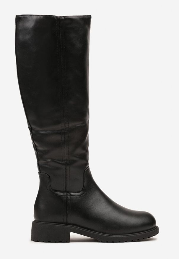 Renee - Czarne Dopasowane Kozaki Vices z Imitacji Skóry w Stylu Basic Lonavie. Okazja: na imprezę, na co dzień. Kolor: czarny. Materiał: skóra. Wzór: aplikacja. Styl: casual