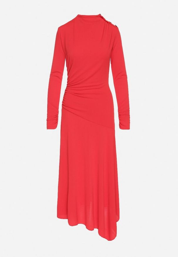 Born2be - Czerwona Koktajlowa Sukienka o Asymetrycznym Kroju Ozdobiona Guzikami Nolriti. Okazja: na imprezę. Kolor: czerwony. Wzór: aplikacja. Typ sukienki: asymetryczne. Styl: wizytowy