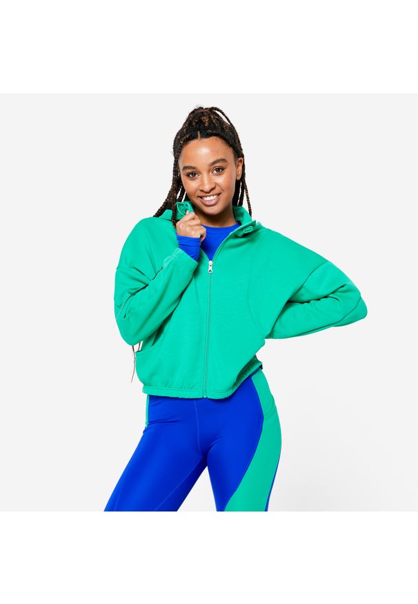 DOMYOS - Bluza z kapturem damska Domyos fitness. Typ kołnierza: kaptur. Kolor: zielony. Materiał: materiał, elastan, poliester, lyocell. Sport: fitness