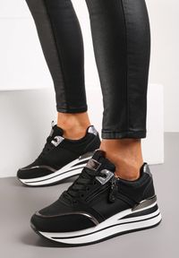 Renee - Czarne Sneakersy na Platformie z Metaliczną Lamówką i Brokatem Bivina. Kolor: czarny. Wzór: aplikacja. Obcas: na platformie #3