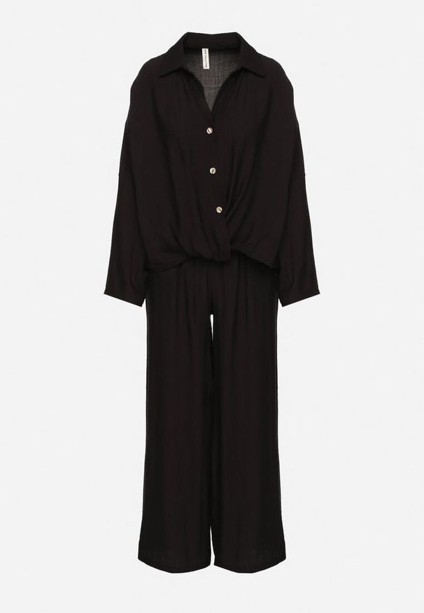 Born2be - Czarny Wiskozowy Komplet Oversize Koszula i Spodnie z Gumką w Talii Natilira. Kolor: czarny. Materiał: wiskoza