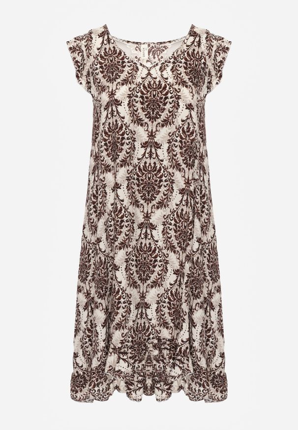 Renee - Brązowo-Beżowa Boho Sukienka z Bawełny na Ramiączkach Ozdobiona Falbanką Testalaya. Okazja: na spacer, na co dzień. Typ kołnierza: dekolt w serek. Kolor: brązowy. Materiał: bawełna. Długość rękawa: na ramiączkach. Wzór: aplikacja. Sezon: lato. Styl: boho