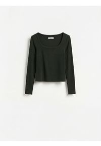 Reserved - Gładki longsleeve z bawełną - ciemnozielony. Kolor: zielony. Materiał: bawełna. Długość rękawa: długi rękaw. Wzór: gładki #1