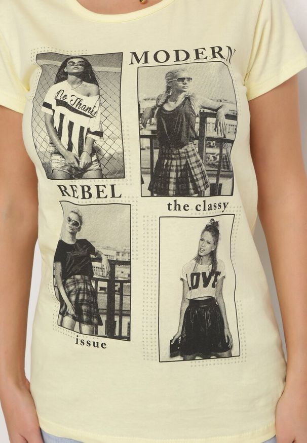 Born2be - Żółty Bawełniany T-shirt z Nadrukiem i Brokatem Kruita. Kolor: żółty. Materiał: bawełna. Długość rękawa: krótki rękaw. Długość: krótkie. Wzór: nadruk