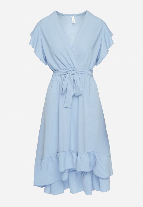 Born2be - Jasnoniebieska Rozkloszowana Sukienka Ozdobiona Falbanką i Paskiem Natiellea. Okazja: na co dzień. Typ kołnierza: kołnierz z falbankami. Kolor: niebieski. Wzór: aplikacja. Styl: casual