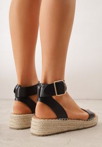 Born2be - Czarne Sandały VICES na Niskim Koturnie z Plecionki z Paskiem Wokół Kostki Tetea. Okazja: na co dzień. Zapięcie: pasek. Kolor: czarny. Materiał: len. Sezon: lato. Obcas: na koturnie. Styl: casual, klasyczny #8