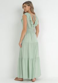 Born2be - Miętowa Sukienka Maxi z Marszczoną Gumką w Pasie i Wiązaniem na Plecach Vaida. Typ kołnierza: kołnierz z falbankami. Kolor: miętowy. Długość rękawa: bez rękawów. Długość: maxi #3