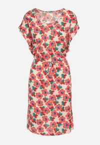 Born2be - Beżowo-Czerwona Pudełkowa Sukienka z Wiskozy Wiązana Sznurkiem w Talii Tiamadine. Okazja: na co dzień, na randkę, na spotkanie biznesowe. Kolor: beżowy. Materiał: wiskoza. Długość rękawa: krótki rękaw. Wzór: kwiaty. Styl: casual, biznesowy, klasyczny #6