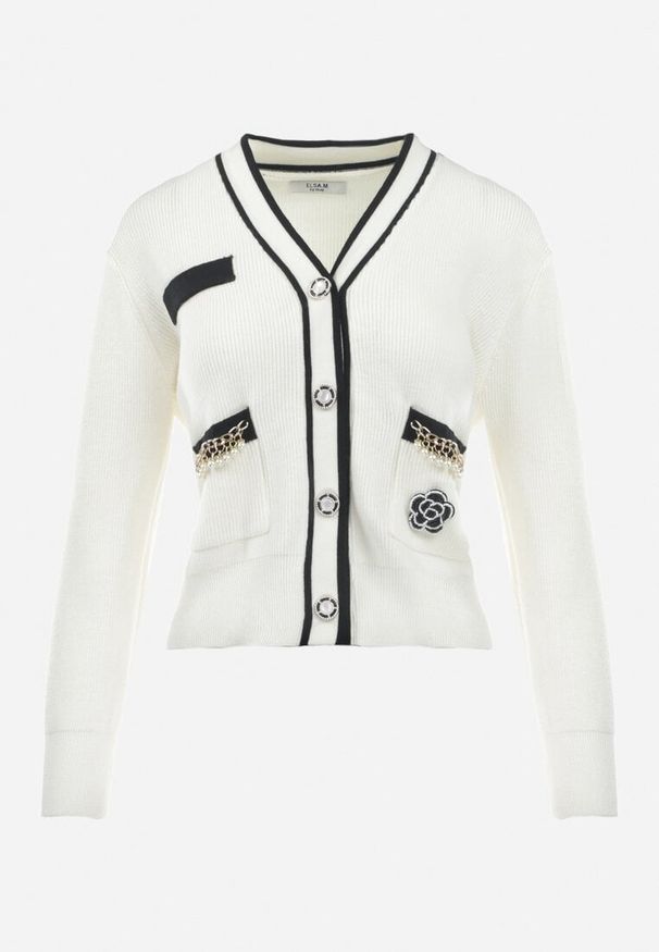 Born2be - Biały Kardigan z Wiskozy i Łańcuszkami Seime. Okazja: na co dzień. Kolor: biały. Materiał: wiskoza. Styl: casual, elegancki, klasyczny