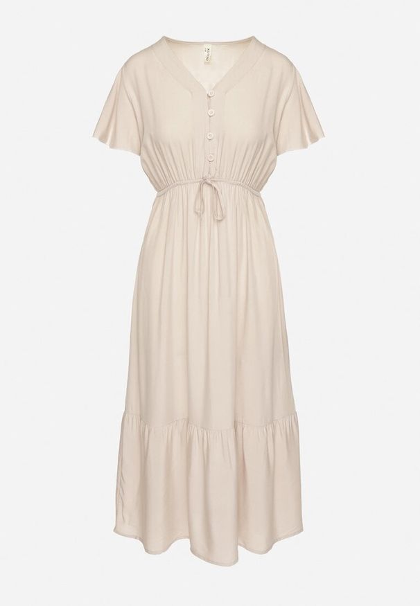 Born2be - Beżowa Bawełniana Sukienka o Rozkloszowanym Kroju z Wiązaniem w Talii Folarina. Okazja: na spacer, na co dzień. Typ kołnierza: dekolt w serek. Kolor: beżowy. Materiał: bawełna. Długość rękawa: krótki rękaw. Typ sukienki: rozkloszowane. Styl: elegancki, casual