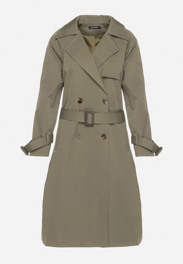 Born2be - Zielony Płaszcz w Stylu Trencza Ozdobiony Paskiem z Klamrą Ninellira. Kolor: zielony. Materiał: jeans. Długość rękawa: długi rękaw. Długość: długie. Wzór: aplikacja. Styl: elegancki, klasyczny