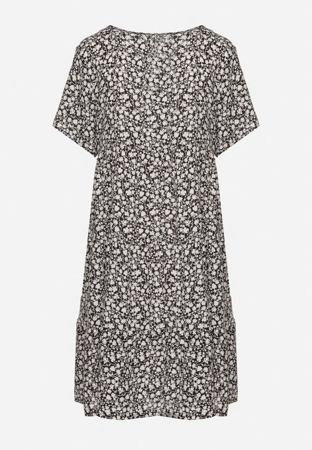 Born2be - Czarna Sukienka z Bawełną w Kwiatowy Wzór Lunasenia. Okazja: na co dzień. Kolor: czarny. Materiał: bawełna. Wzór: kwiaty. Styl: elegancki, casual