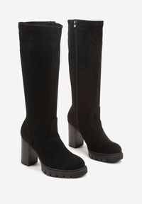 Born2be - Czarne Kozaki z Imitacji Zamszu na Słupkowym Obcasie Falirelle. Okazja: na co dzień. Kolor: czarny. Materiał: zamsz. Obcas: na obcasie. Styl: casual, elegancki. Wysokość obcasa: średni