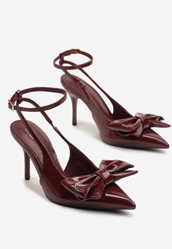Renee - Bordowe Lakierowane Sandały na Szpilce Vices z Dużą Kokardką Bez Pięty Velozia. Kolor: czerwony. Materiał: lakier. Obcas: na szpilce. Styl: elegancki