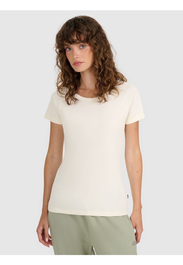 4f - 4F T-shirt regular z prążkowanej dzianiny damski - biały L. Okazja: na co dzień. Kolor: biały. Materiał: prążkowany, dzianina. Długość rękawa: raglanowy rękaw. Wzór: prążki. Styl: casual, klasyczny, sportowy