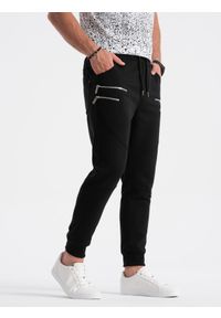 Ombre Clothing - Spodnie męskie dresowe z ozdobnymi zamkami - czarne V6. Kolor: czarny. Materiał: dresówka #1