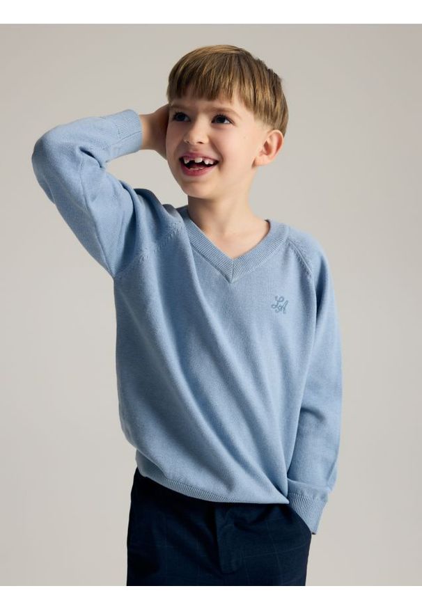 Reserved - Sweter z dekoltem V - jasnoniebieski. Kolor: niebieski. Materiał: dzianina, bawełna