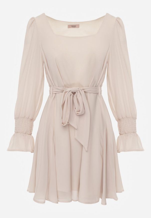 Renee - Beżowa Sukienka VICES z Półtransparentnymi Rękawami Wiązania w Talii Resmosa. Okazja: na co dzień, na randkę. Typ kołnierza: dekolt kwadratowy. Kolor: beżowy. Materiał: skóra, materiał. Styl: casual, elegancki