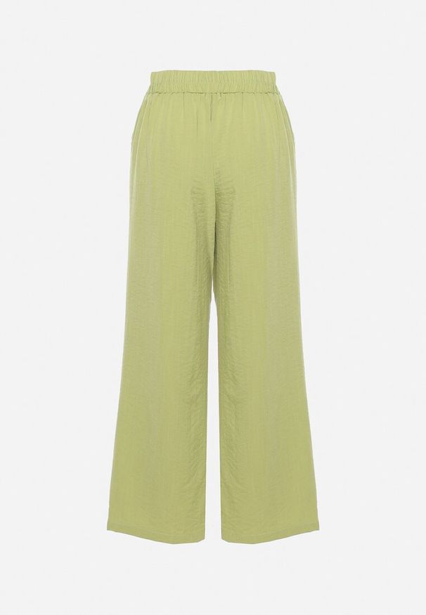 Born2be - Jasnozielone Szerokie Spodnie Palazzo z Wysokim Stanem i Gumką w Pasie Biofina. Okazja: na spotkanie biznesowe, na spacer. Stan: podwyższony. Kolor: zielony. Styl: elegancki, biznesowy