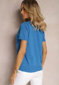 Renee - Niebieski T-shirt z Wiskozy z Cyrkoniami Olililena. Okazja: na co dzień. Typ kołnierza: dekolt w łódkę. Kolor: niebieski. Materiał: wiskoza. Wzór: aplikacja. Styl: casual, elegancki #5