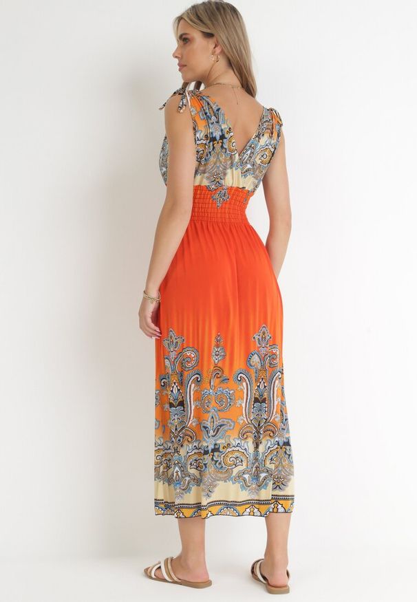 Born2be - Pomarańczowa Sukienka ze Sznurkami na Ramionach i Szeroką Gumką w Pasie Lariresa. Kolor: pomarańczowy. Długość rękawa: bez rękawów. Typ sukienki: kopertowe