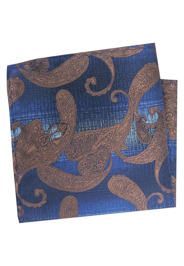 Poszetka Męska, Elegancka - Alties - Beżowe Duże Paisley, Niebieskie Tło. Kolor: brązowy, beżowy, niebieski, wielokolorowy. Materiał: poliester. Wzór: paisley