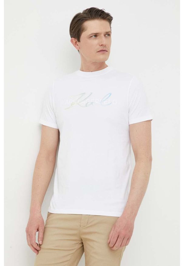Karl Lagerfeld t-shirt bawełniany kolor biały z nadrukiem. Kolor: biały. Materiał: bawełna. Wzór: nadruk