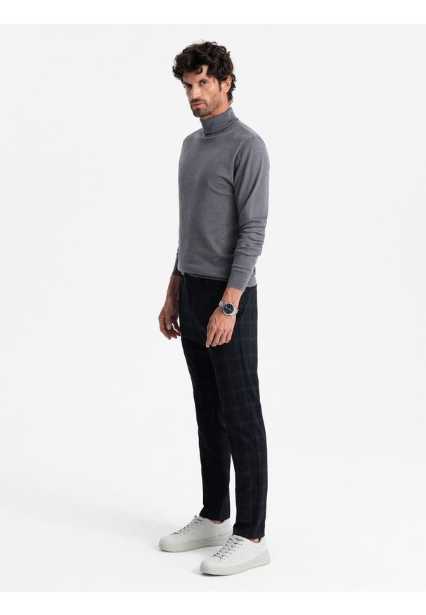 Ombre Clothing - Jednokolorowy męski dzianinowy golf z wiskozą – szary melanż V2 OM-SWTN-0101 - XXL. Okazja: na co dzień. Typ kołnierza: golf. Kolor: szary. Materiał: dzianina, wiskoza. Wzór: melanż. Styl: klasyczny, casual