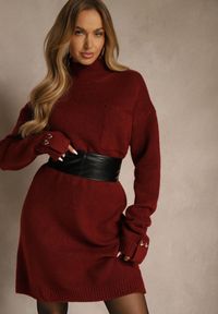 Renee - Bordowa Sukienka z Półgolfem z Dzianiny z Wiskozą i Dodatkiem Wełny Nessla. Okazja: na co dzień. Kolor: czerwony. Materiał: dzianina, wełna, wiskoza. Styl: casual, elegancki #5
