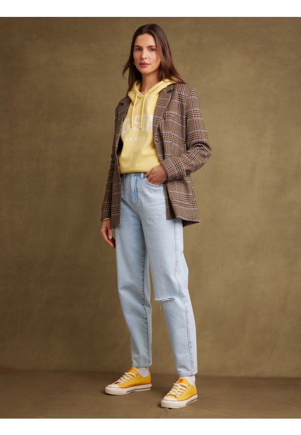 Big-Star - Marynarka damska w kratę brązowa Galani 000. Okazja: do pracy. Kolor: wielokolorowy. Materiał: jeans, tkanina. Wzór: aplikacja, kratka. Styl: retro, klasyczny, elegancki