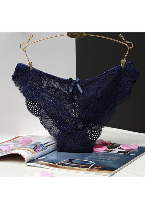 Intica - Figi koronkowe biodrówki z delikatnej koronki Guillermina. Stan: obniżony. Kolor: niebieski. Materiał: koronka. Wzór: koronka