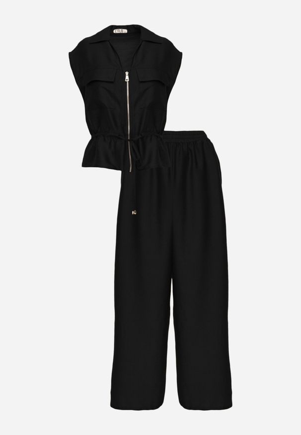 Born2be - Czarny Wiskozowy Komplet w Stylu Safari Spodnie i Bluzka na Suwak z Wiązaniem Iphisei. Kolor: czarny. Materiał: wiskoza