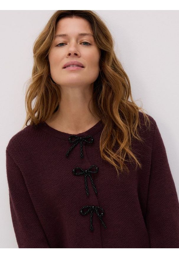 Reserved - Kardigan z kokardkami - bordowy. Typ kołnierza: kokarda. Kolor: czerwony. Materiał: dzianina, wełna