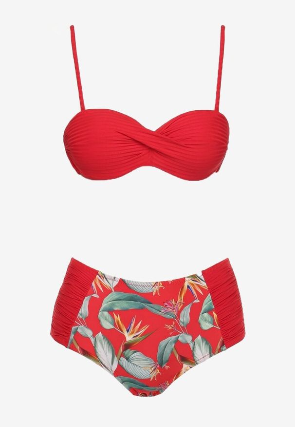 Born2be - Czerwone Bikini Gładki Biustonosz i Wzorzyste Wysokie Figi Ortella. Kolor: czerwony. Wzór: gładki