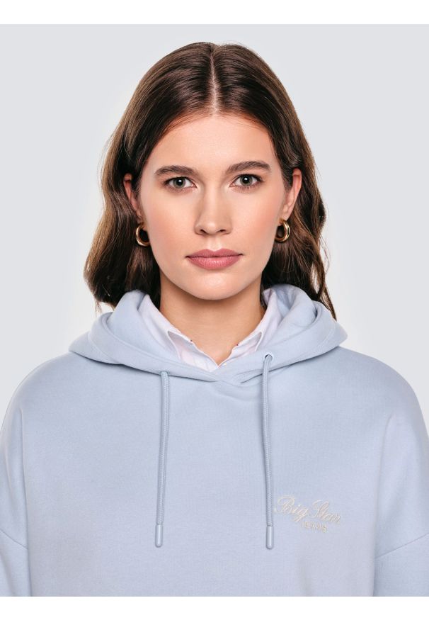 Big-Star - Bluza damska z kapturem błękitna Raisala 400. Okazja: na spacer, na co dzień. Typ kołnierza: kaptur. Kolor: niebieski. Materiał: jeans, dzianina. Wzór: haft. Styl: casual
