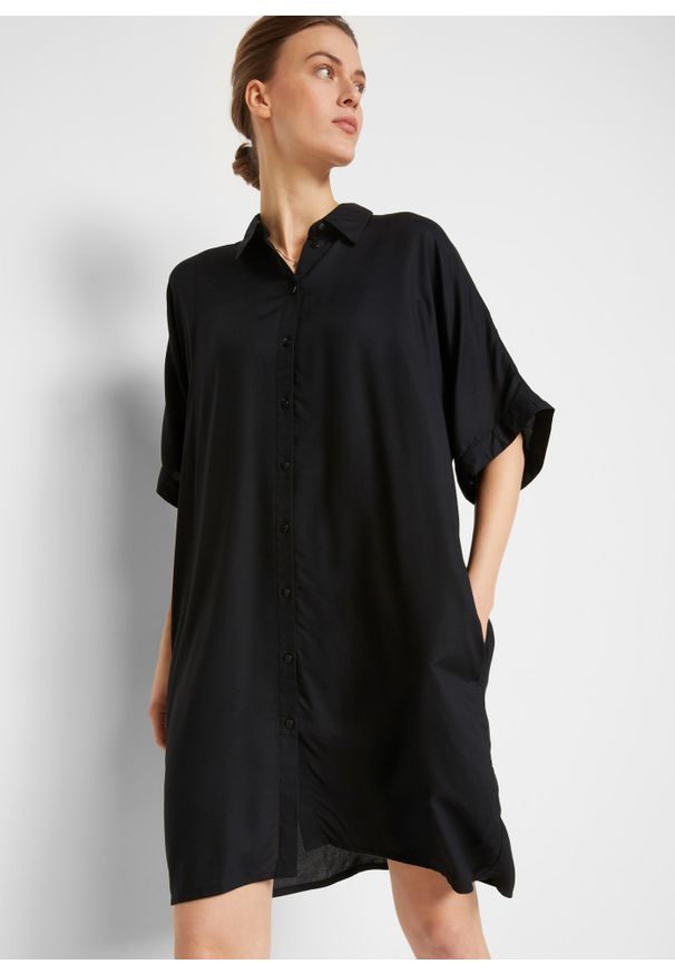 bonprix - Sukienka koszulowa, krótki rękaw. Kolor: czarny. Materiał: wiskoza. Długość rękawa: krótki rękaw. Typ sukienki: koszulowe